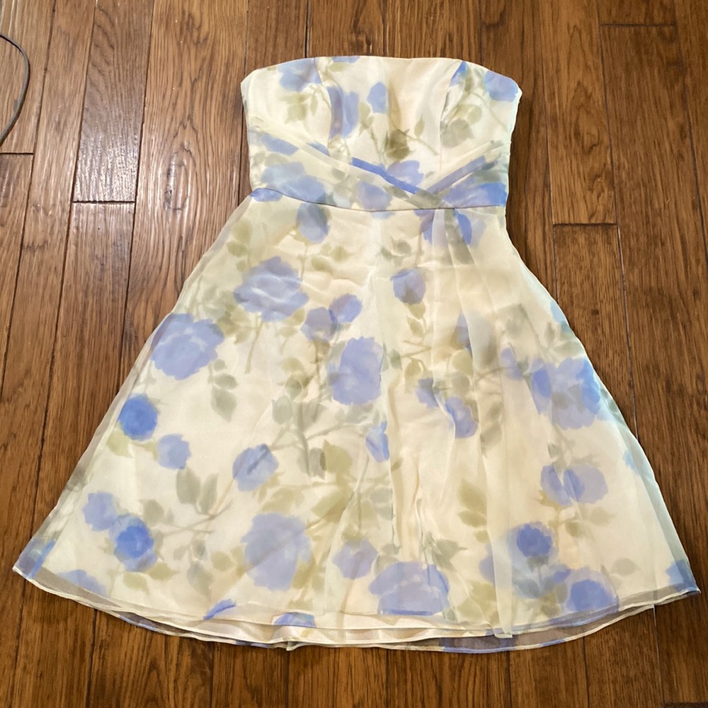 Ann Taylor Strapless Dress in Blue and Cream Floral
